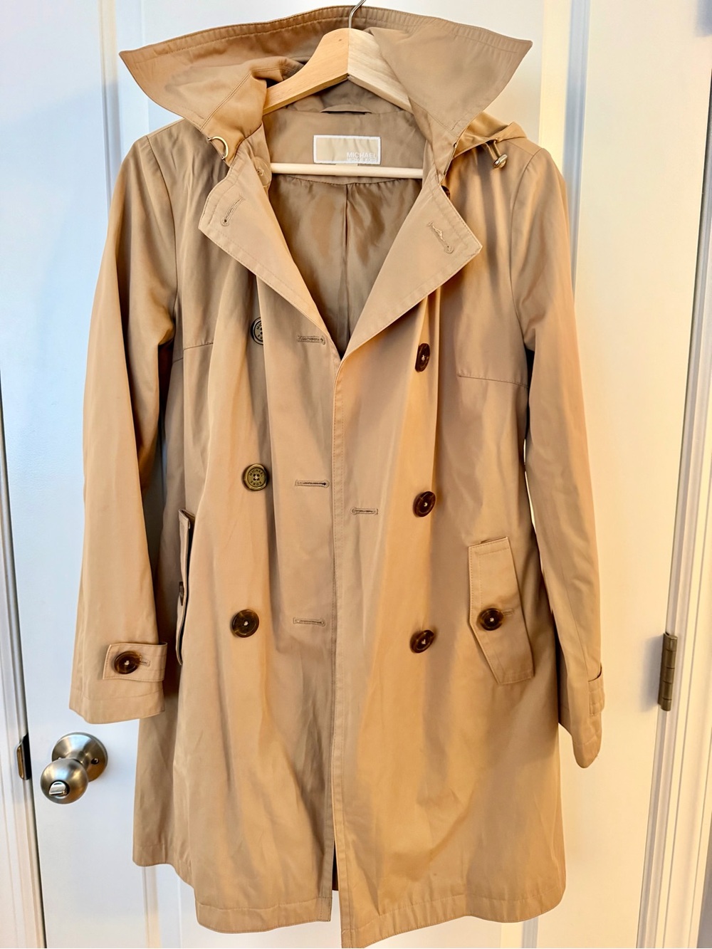 Michael Kors Women’s XS Beige Hooded Lined Trench Coat Button Front Mid-Length